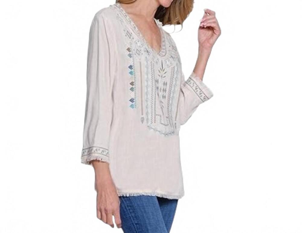 NEW MULTIPLES three quarters sleeve v neck embroidered top in multi